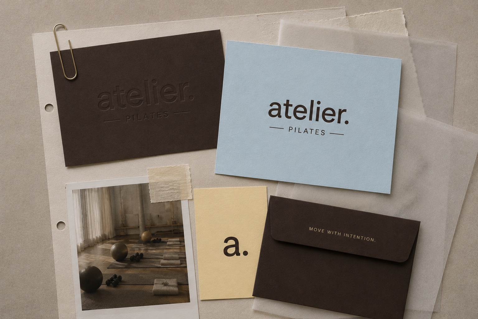 Atelier Pilates brand identity — embossed stationery, cards and envelope