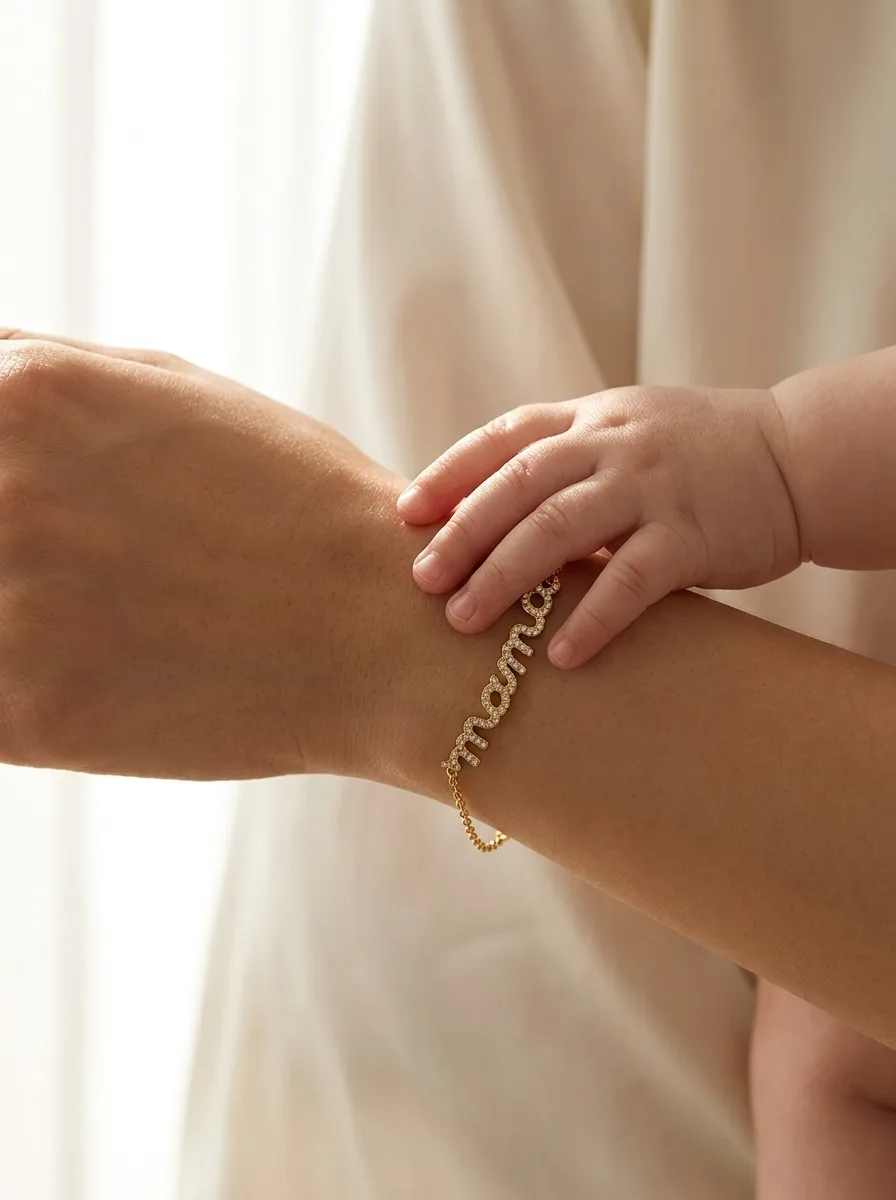 A baby’s hand holding a mother’s wrist wearing the mama bracelet