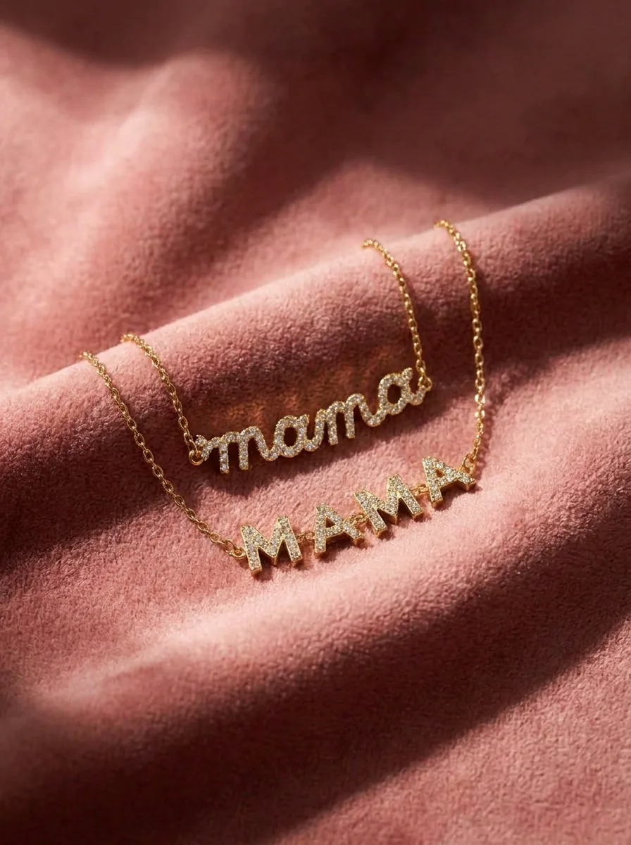 mama and MAMA necklaces on pink velvet