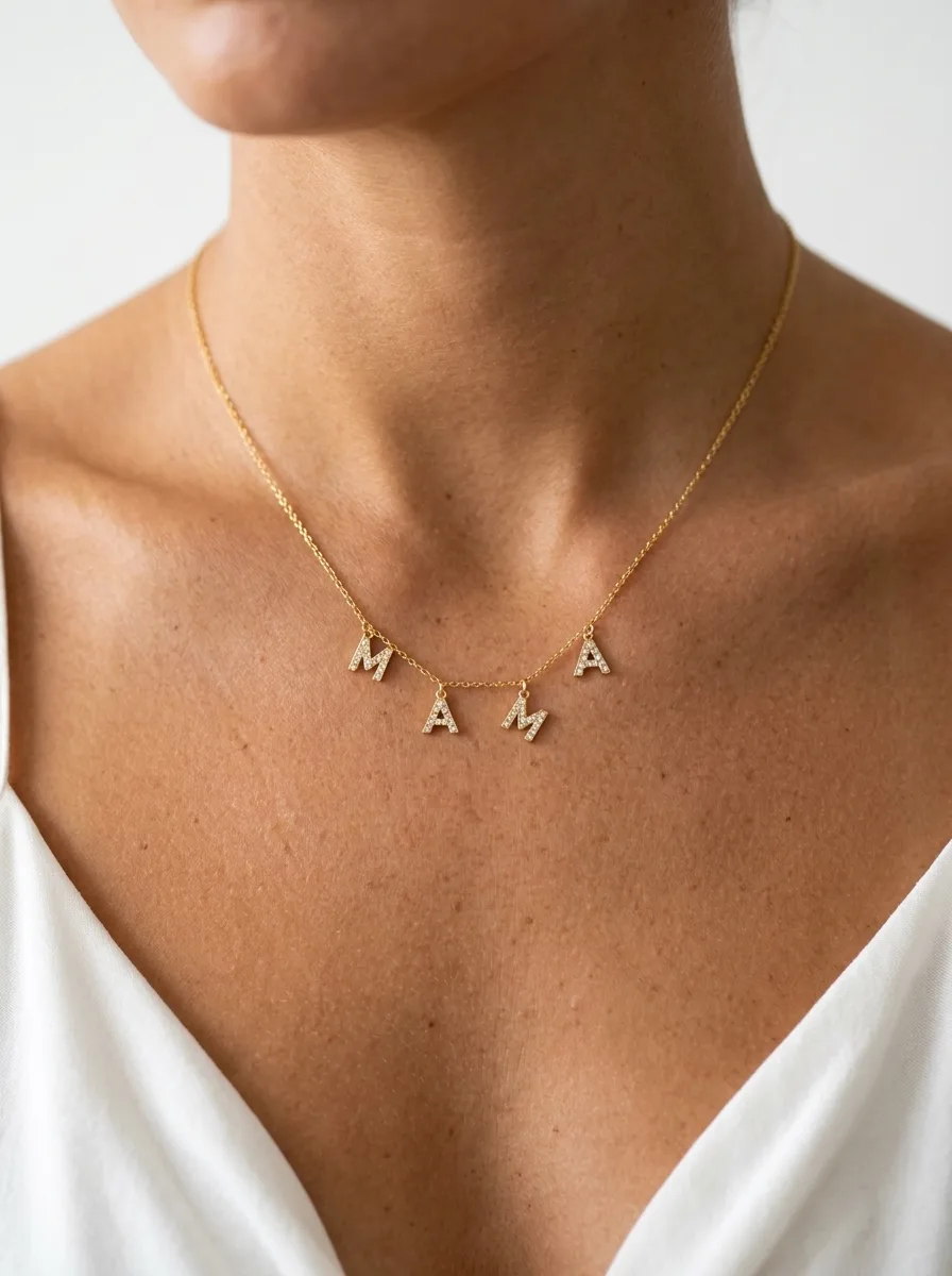 Model in a white dress wearing the MAMA letters necklace