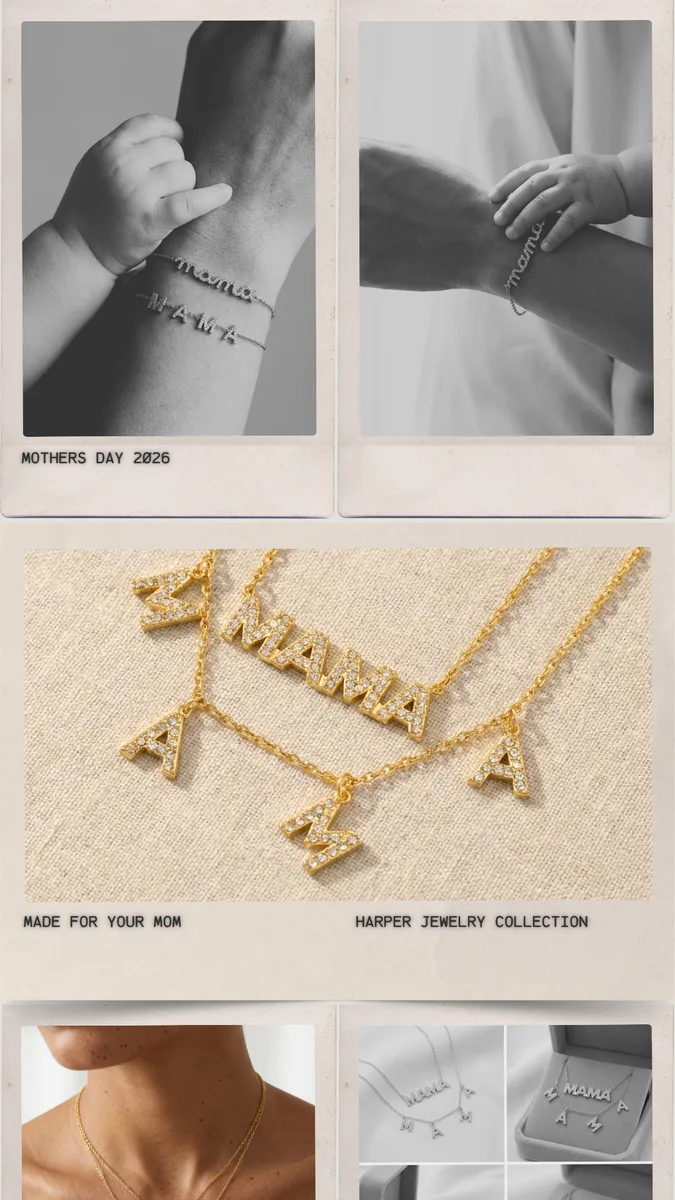 Mother’s Day 2026 story — black-and-white wrist photos with the gold MAMA necklace