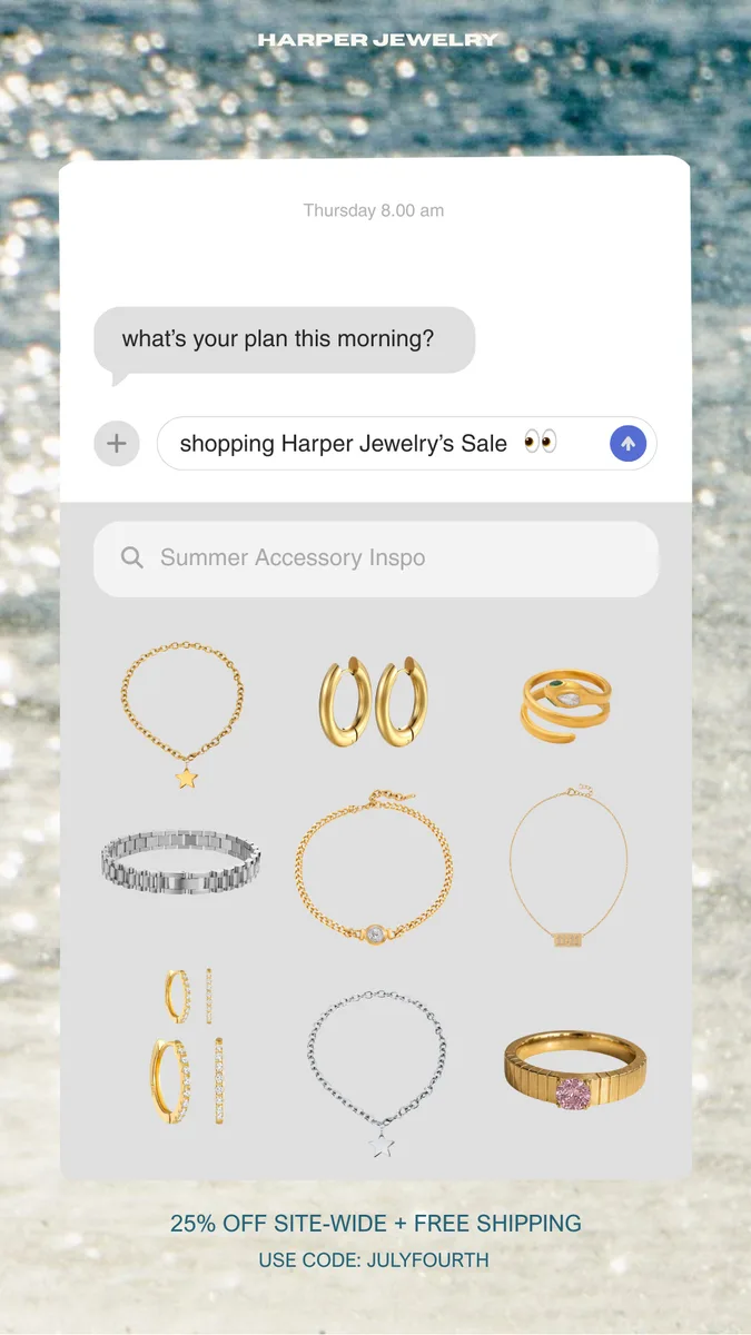 Fourth of July sale story — message chat over the sea, 25% off site-wide with code JULYFOURTH