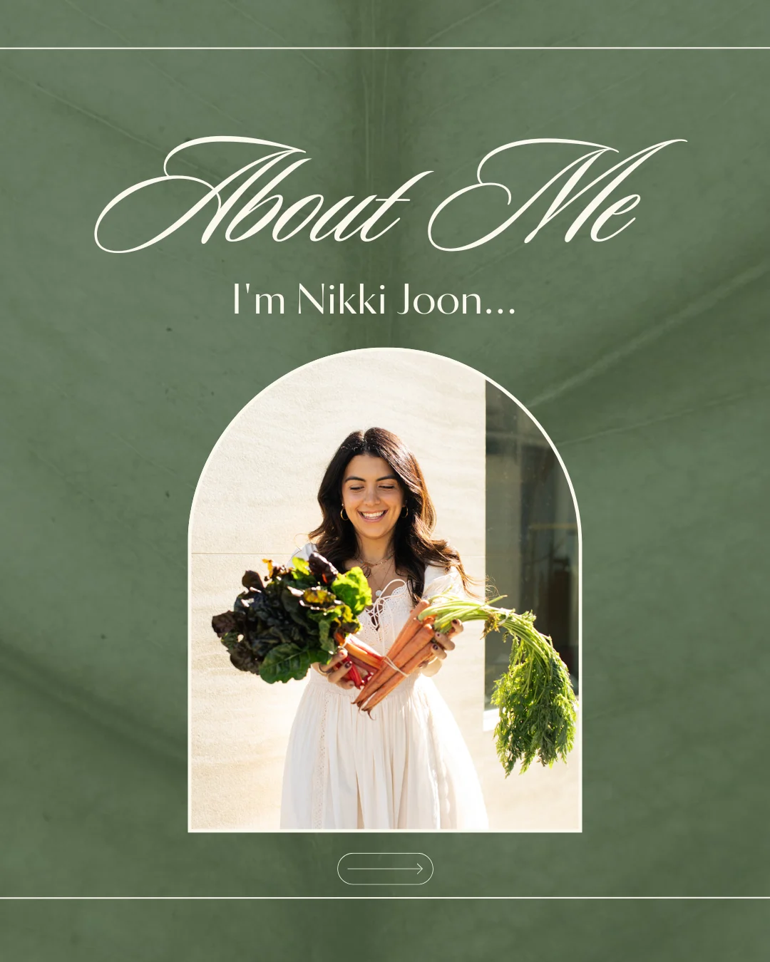 About Me cover — Nikki holding fresh vegetables in an arch frame on brand green