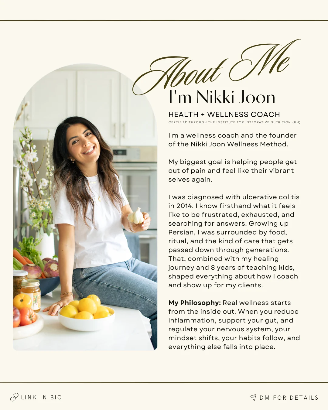 About Me bio page — Nikki in her kitchen beside her story and philosophy