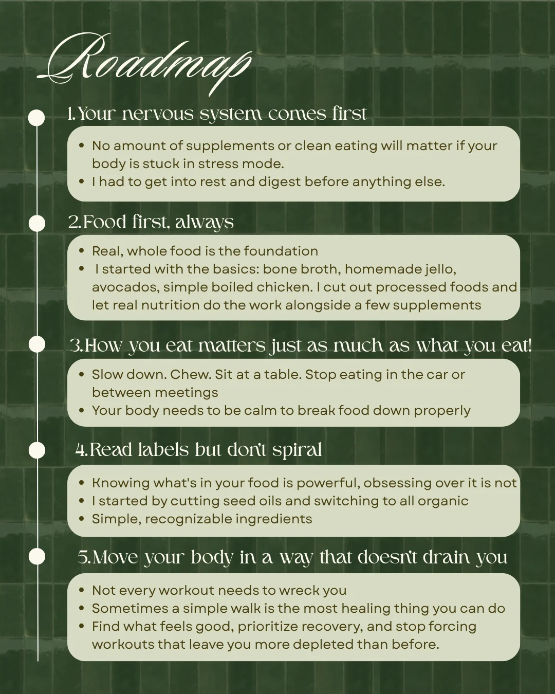 Roadmap slide — five steps from nervous system to movement
